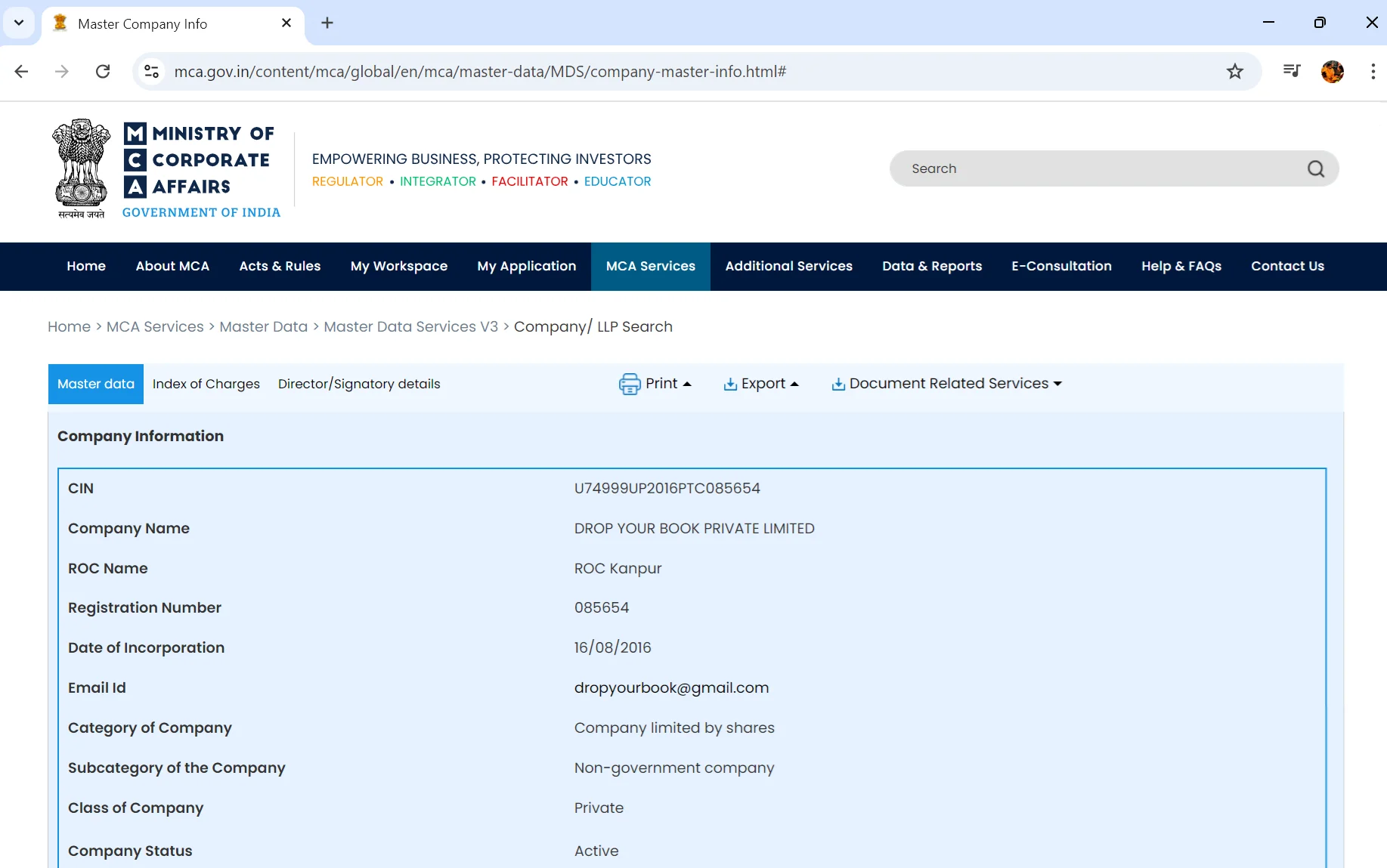 Ministry of Corporate Affairs Official Master Data Record